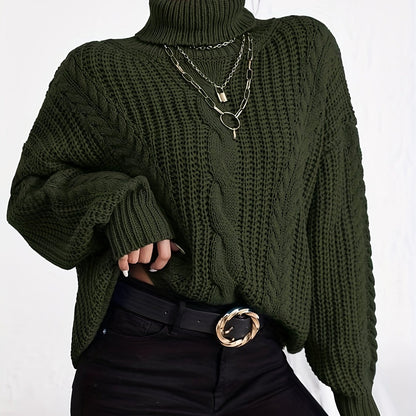Antmvs Cable Knitted Turtle Neck Sweater, Casual Long Sleeve Sweater For Fall & Winter, Women's Clothing