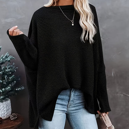 Antmvs Women's Casual Off Shoulder Bat Long Sleeve Waffle Knitted Oversized Pullover Sweater, Casual Tops For Fall & Winter, Women's Clothing