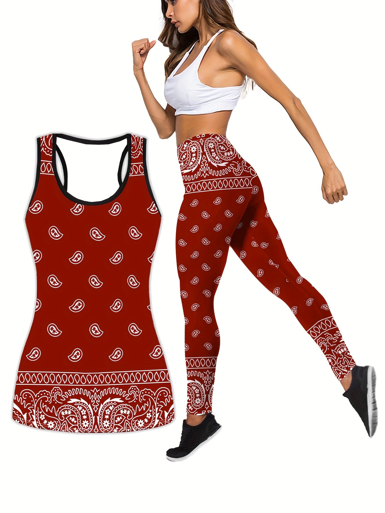 Plus Size Two Piece Sports Outfits Set - Women's Boho Chic Paisley Print Racer Back Tank Top & Leggings for Yoga, Running, Fitness, and Active Wear with Slight Stretch