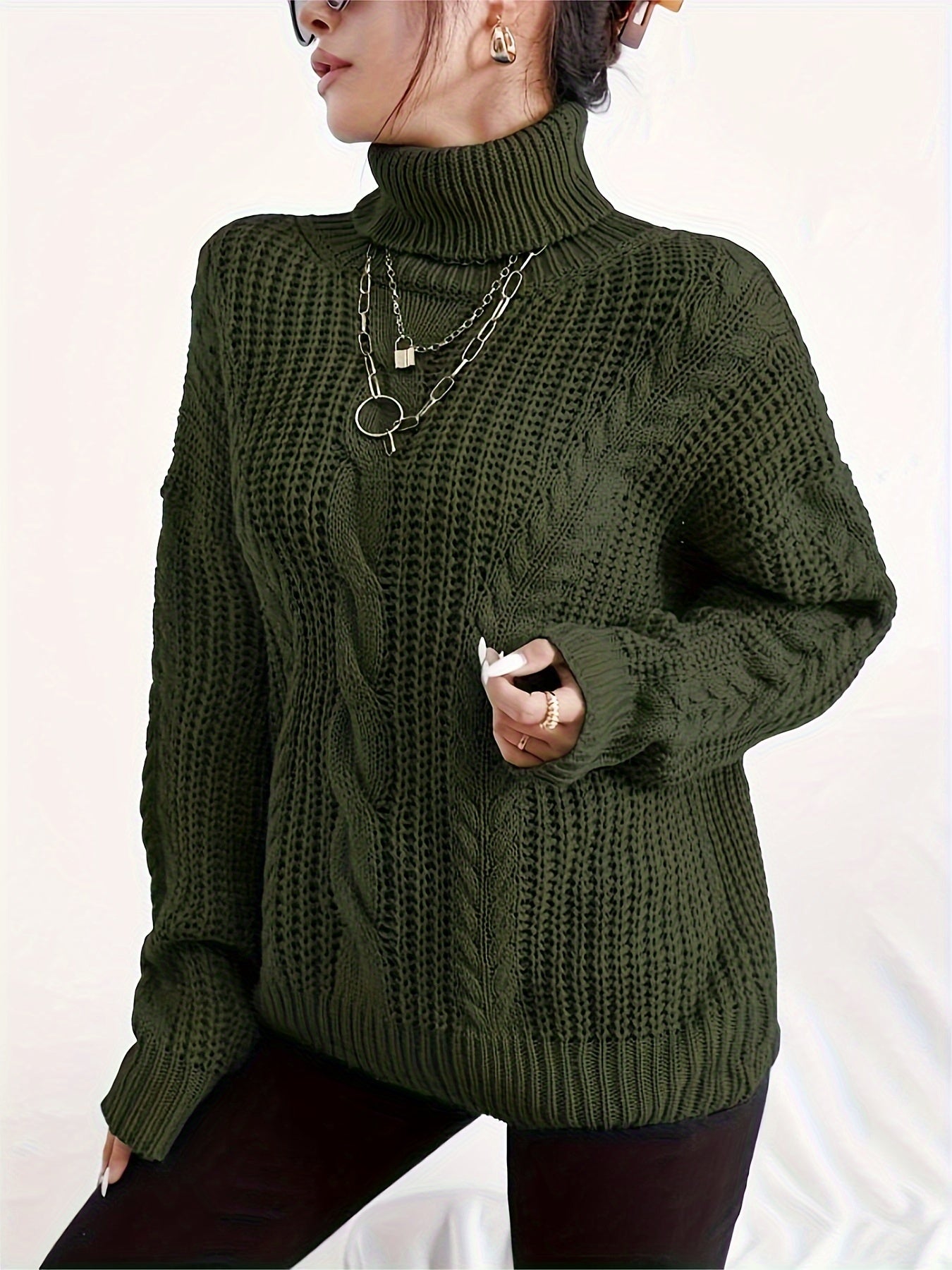 Antmvs Cable Knitted Turtle Neck Sweater, Casual Long Sleeve Sweater For Fall & Winter, Women's Clothing