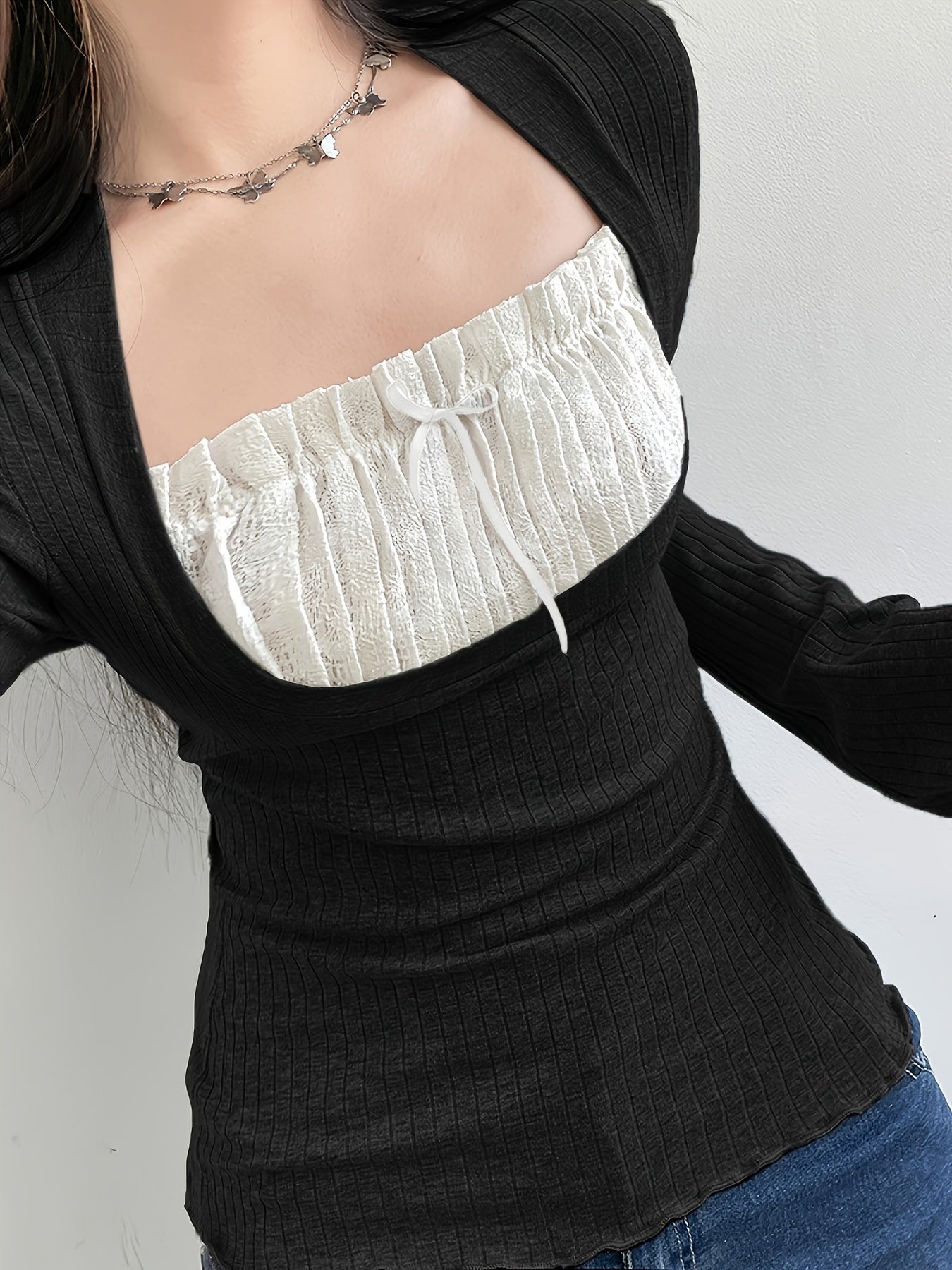 Antmvs Pleated Lace Stitching Ribbed T-Shirt, Casual Long Sleeve Top For Spring & Fall, Women's Clothing