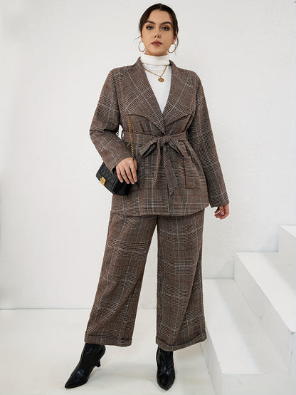 Antmvs Plus Size Elegant Suit Set, Women's Plus Plaid Print Long Sleeve Waterfall Collar Belted Blazer & Wide Leg Pants Outfits Two Piece Set