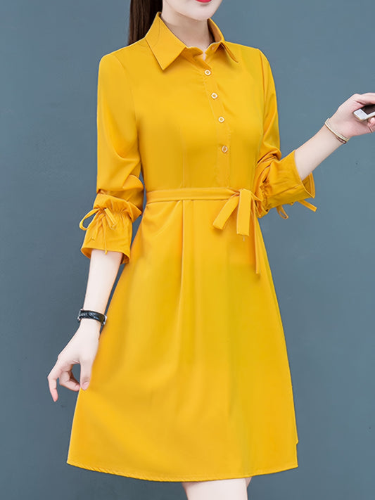 Antmvs Button Front Long Sleeve Shirt Dress, Casual Tie-waist Lapel Neck Dress, Women's Clothing