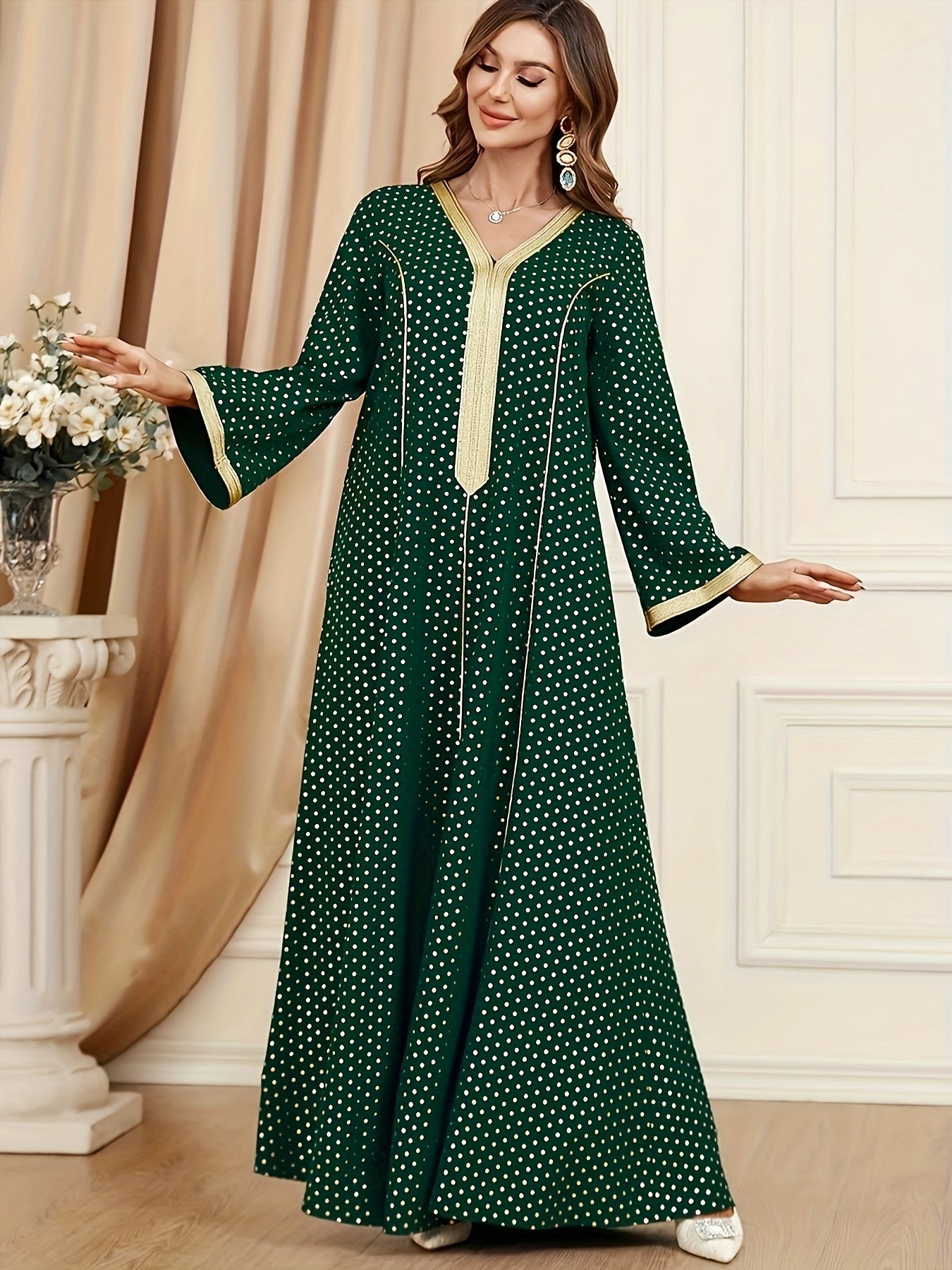 Antmvs Pin Dot Maxi Kaftan Dress, Elegant V Neck Long Sleeve Dress, Women's Clothing