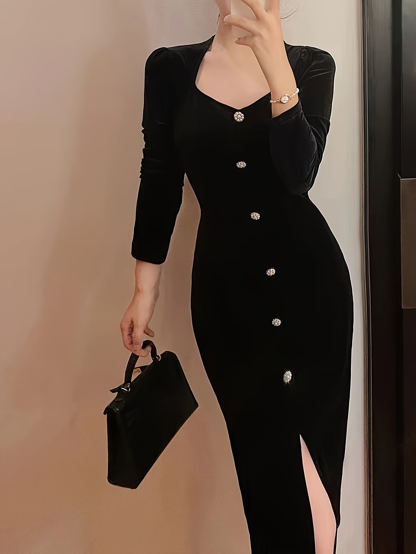 Antmvs Button Solid Color Dress, Elegant Long Sleeve Dress For Party & Banquet, Women's Clothing