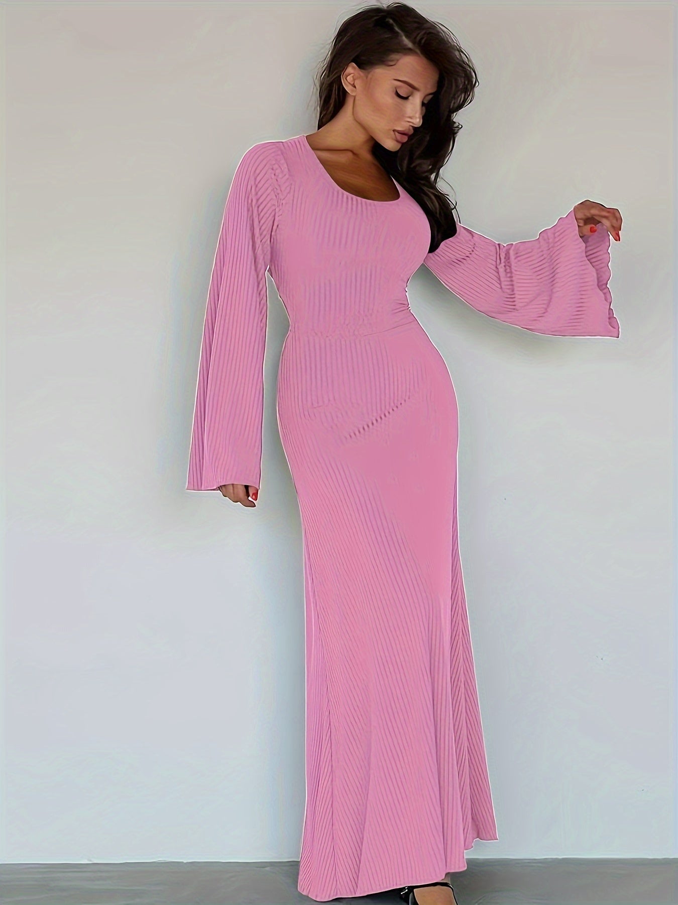 Antmvs Solid Flared Long Sleeve Dress, Casual Squared Neck Maxi Dress, Women's Clothing