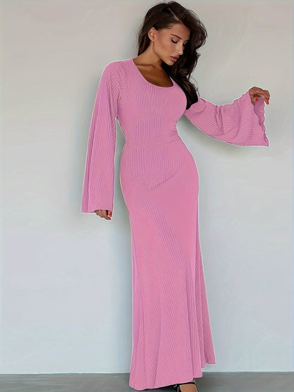 Antmvs Solid Flared Long Sleeve Dress, Casual Squared Neck Maxi Dress, Women's Clothing