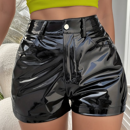 Antmvs Solid PU Leather Pocket Shorts, Elegant Shorts For Spring & Summer, Women's Clothing