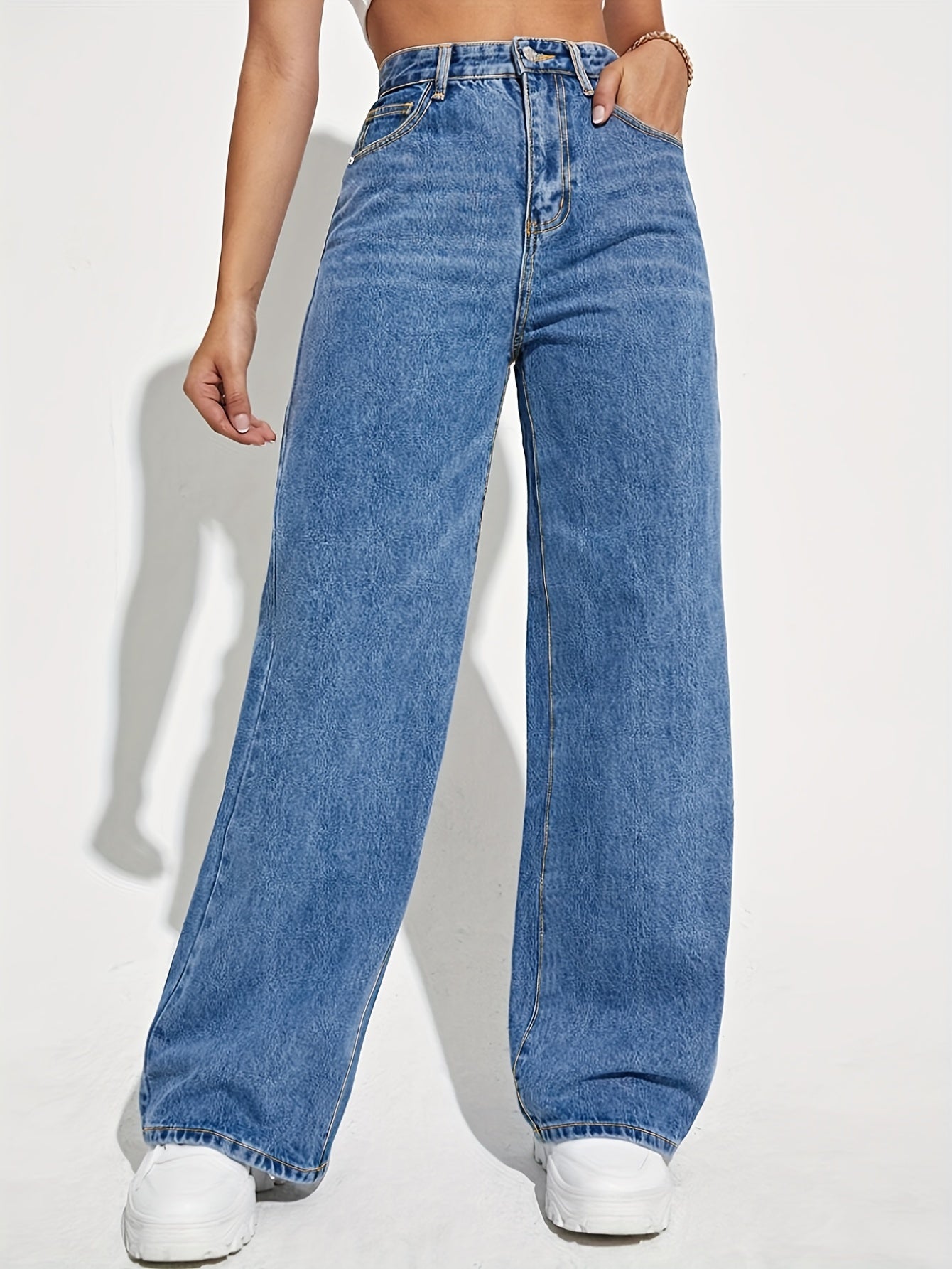 Antmvs High Waist Versatile Straight Jeans, Loose Fit Slant Pockets Denim Pants, Women's Denim Jeans & Clothing