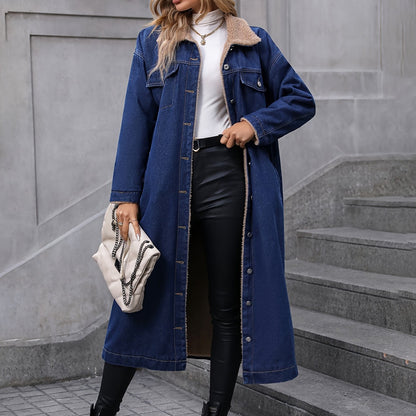 Antmvs Plain Fleece Liner Long Denim Coat, Long Sleeves Drop Shoulder Casual Denim Jackets, Women's Denim Clothing