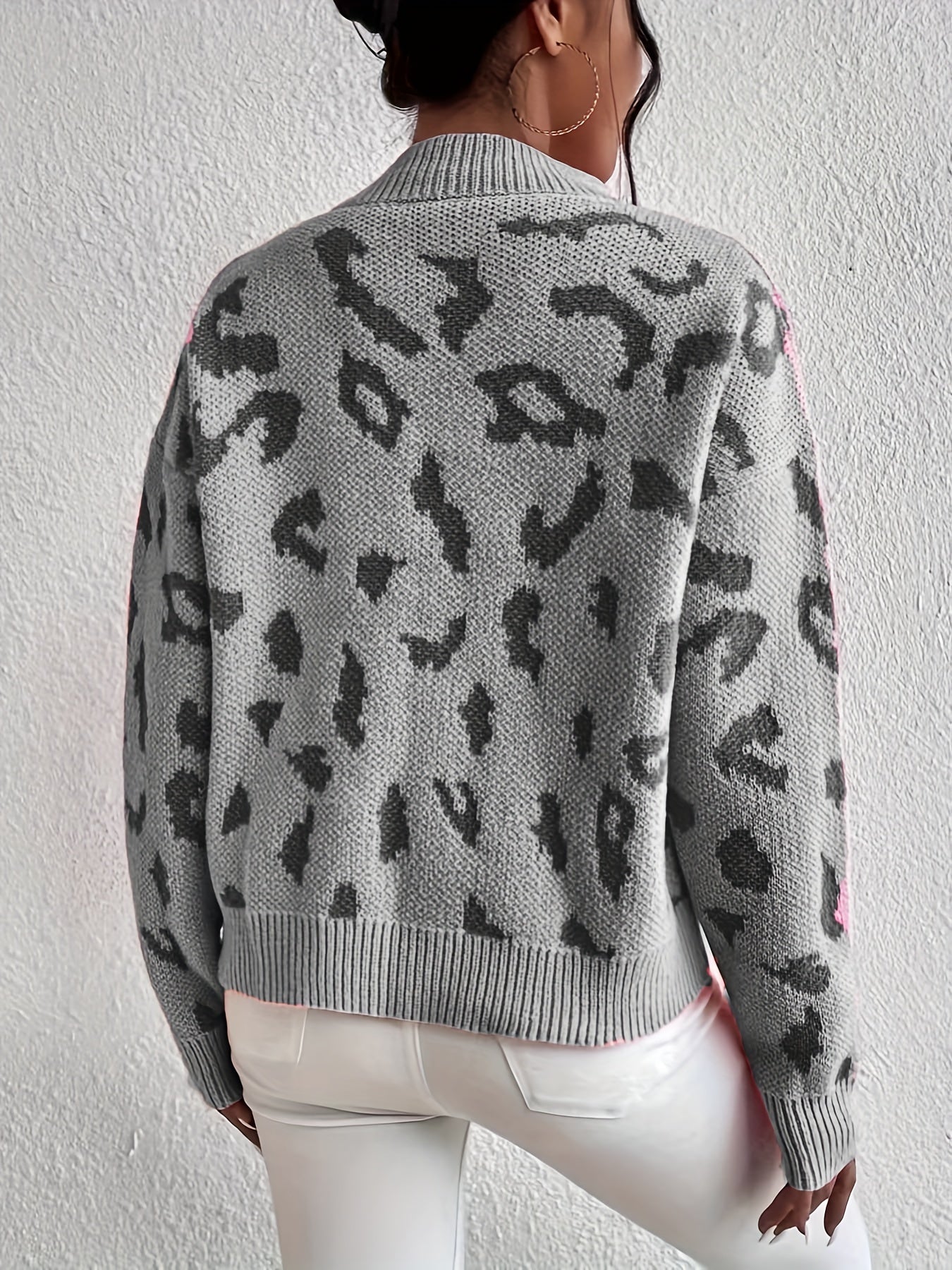 Antmvs Leopard Pattern Mock Neck Sweater, Casual Long Sleeve Sweater For Fall & Winter, Women's Clothing