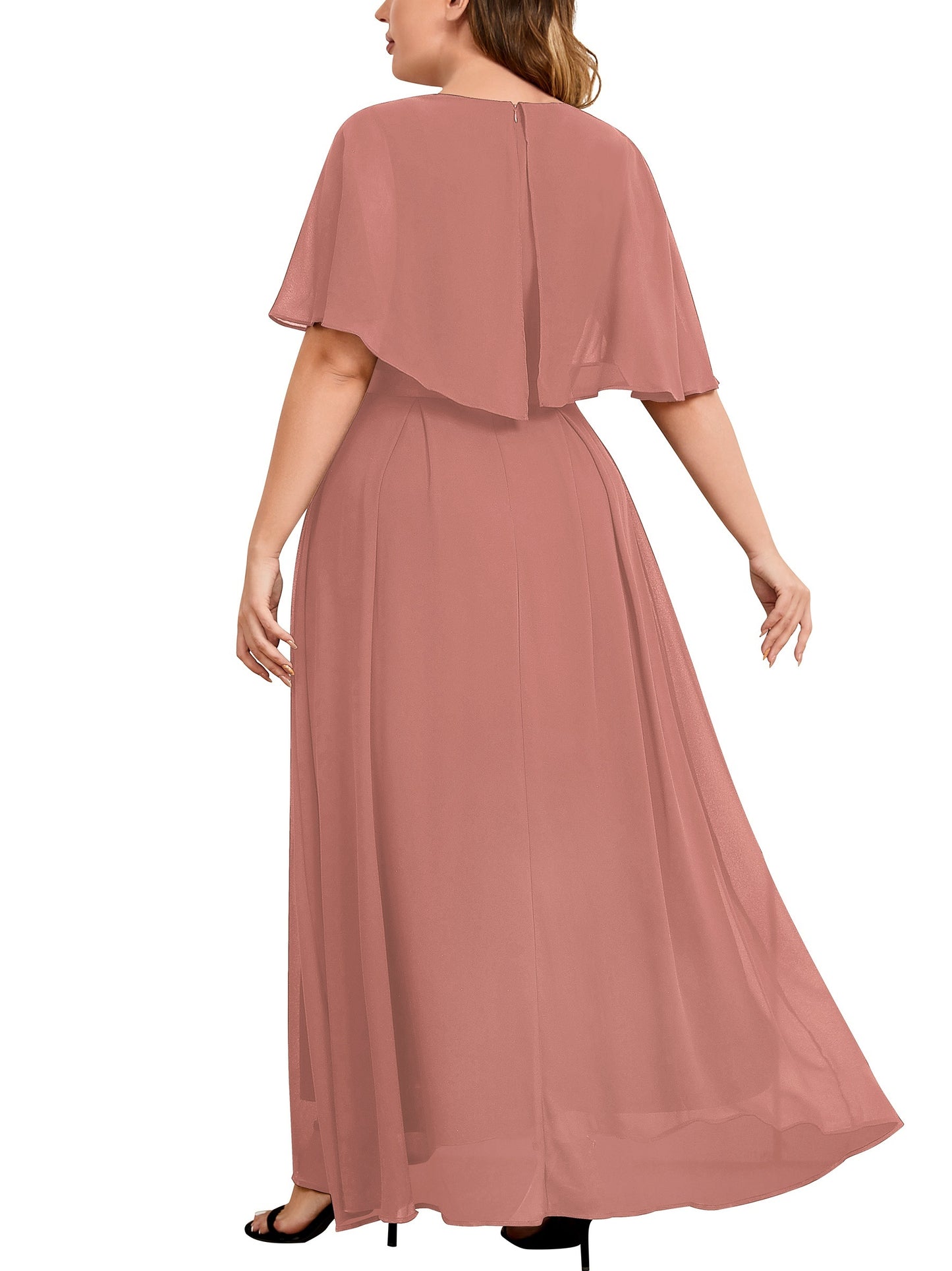 Antmvs Plus Size Elegant Bridesmaid Dress, Women's Plus Contrast Lace Cape Sleeve V Neck Flowy Formal Evening Dress