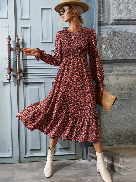 Antmvs Ditsy Floral Print Dress, Elegant Shirred Long Sleeve Midi Dress, Women's Clothing