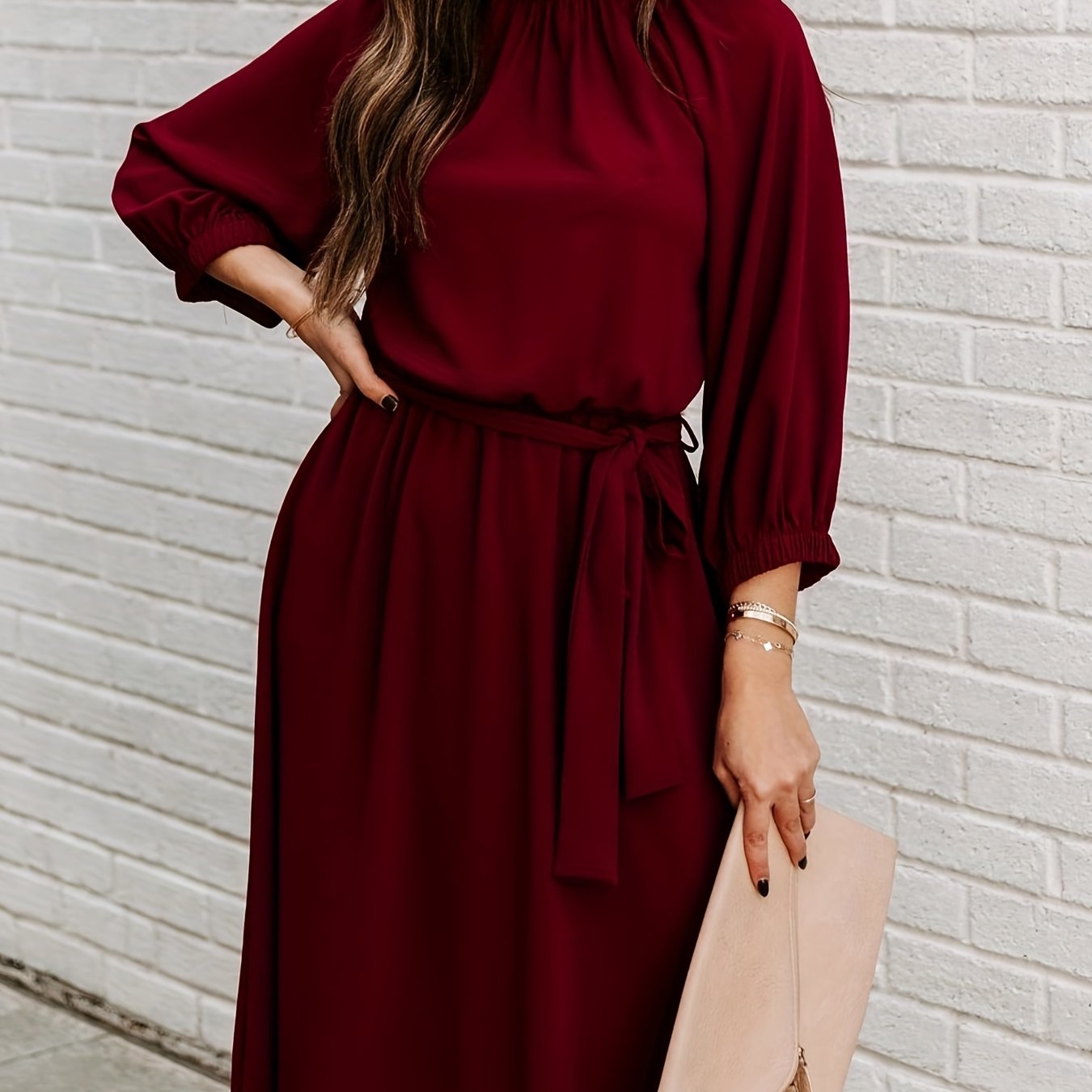 Antmvs Long Sleeve Tie Waist Midi Dress, Solid Casual Dress For Spring & Fall, Women's Clothing