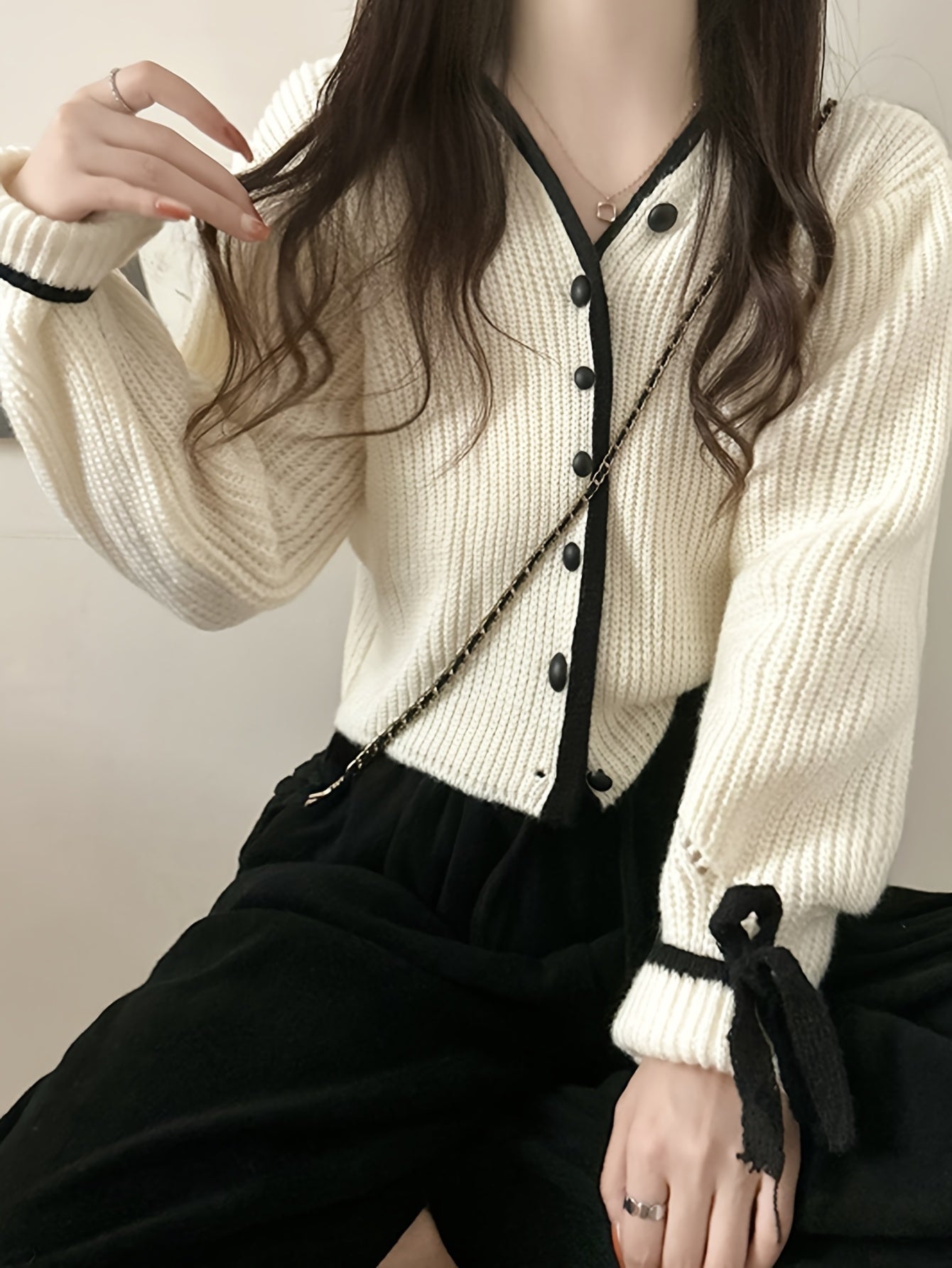 Antmvs Lace Up Button Down Knit Cardigan, Casual V Neck Long Sleeve Fashion Sweater, Women's Clothing