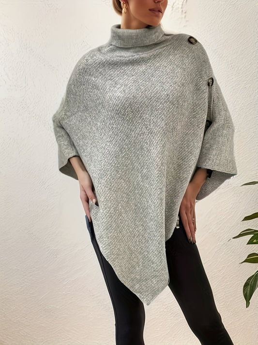 Antmvs Plus Size Elegant Sweater, Women's Plus Turtle Neck Button Decor Bat Sleeve Asymmetrical Hem Poncho Sweater