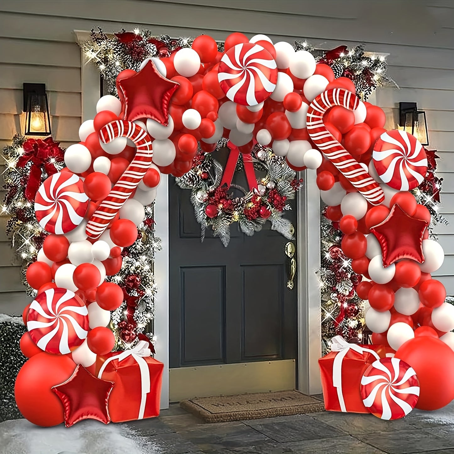 147pcs Ultimate Christmas Balloon Garland Arch Kit with Red & White Balloons, Candy Cane, Gift Box, Red Star Foil Balloons for Indoor & Outdoor Party Decorations