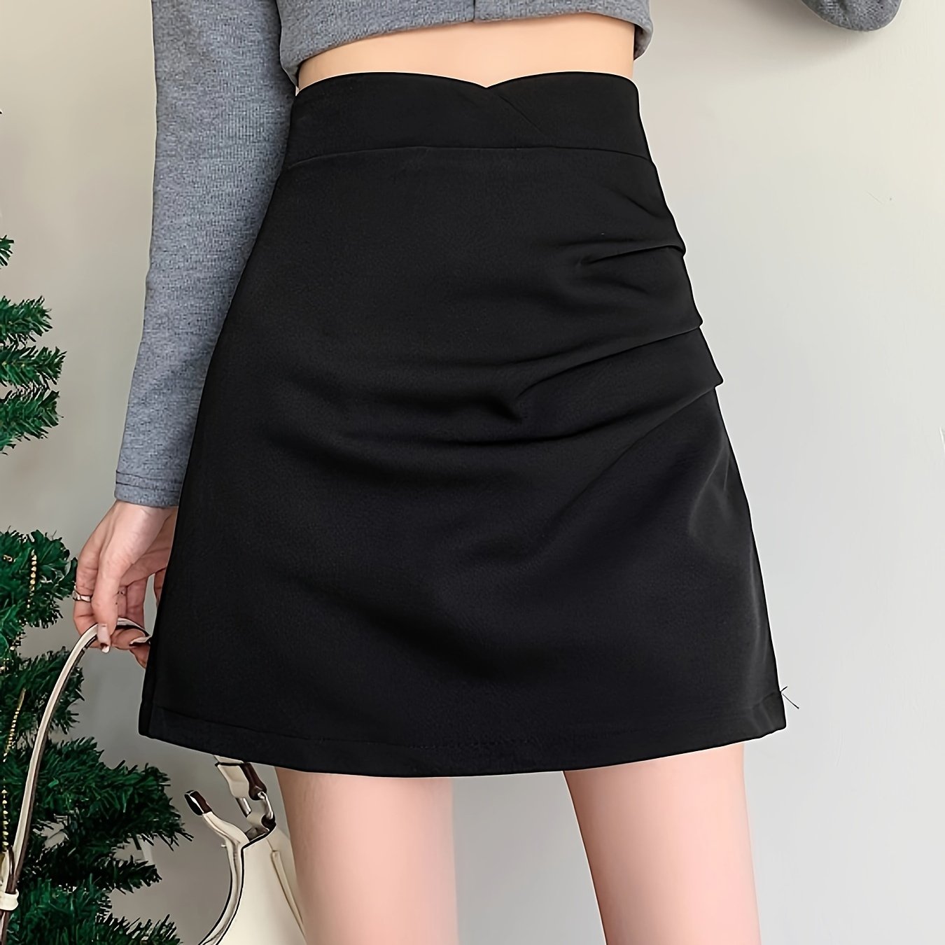 Antmvs Solid High Waist Ruched Skirt, Casual A Line Mini Skirt, Women's Clothing