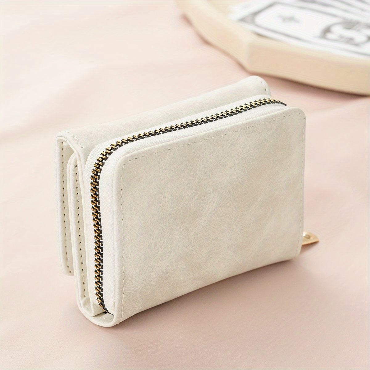 Snap Button Small Wallet, Cute Fold Faux Leather Wallet With Card Slots & Zipper Pocket