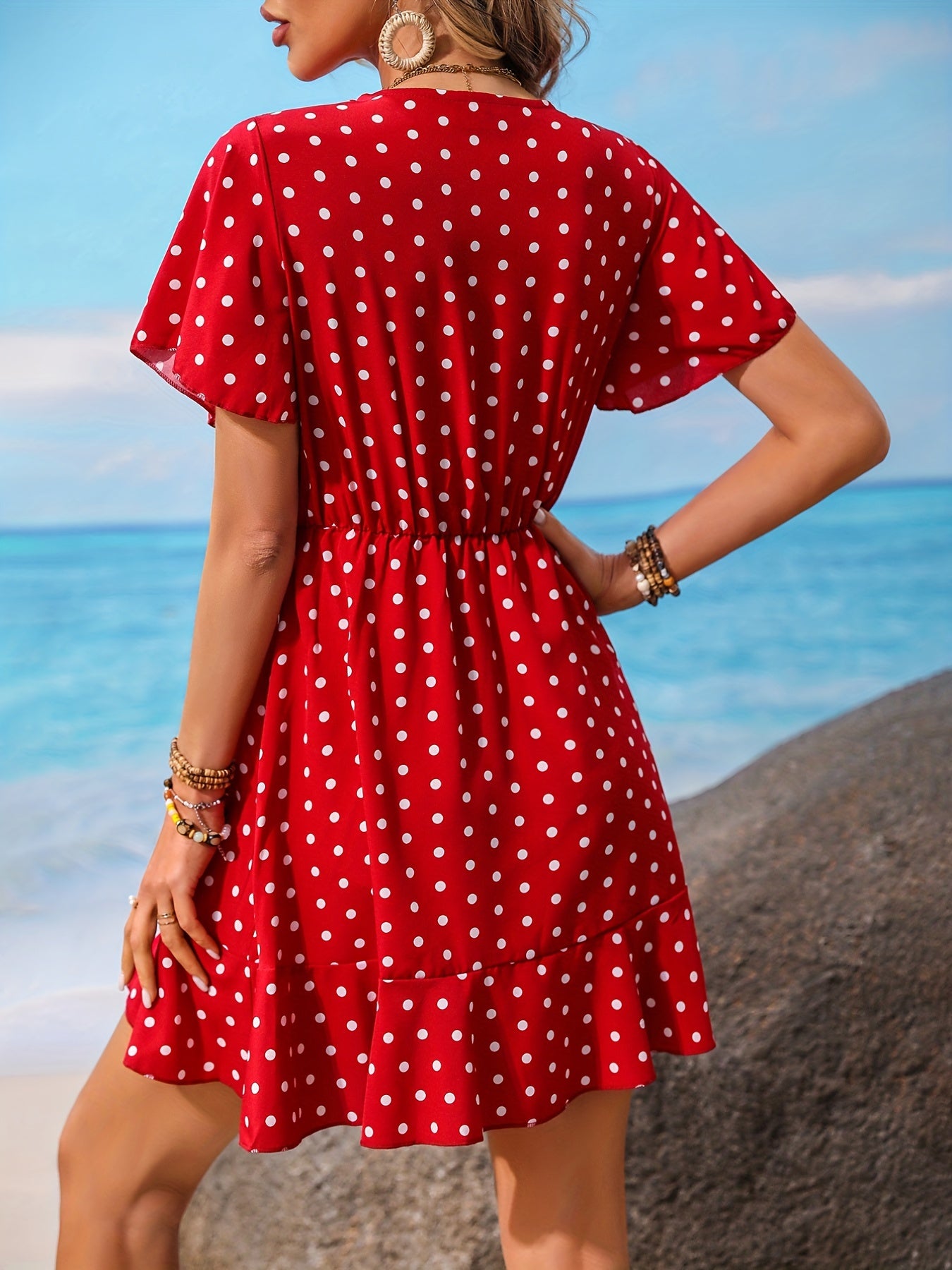 Antmvs Polka Dot Ruffle Hem Dress, Casual V Neck Short Sleeve Dress, Women's Clothing