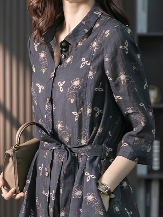 Antmvs Floral Print Shirt Dress, Casual Button Front Midi Dress, Women's Clothing