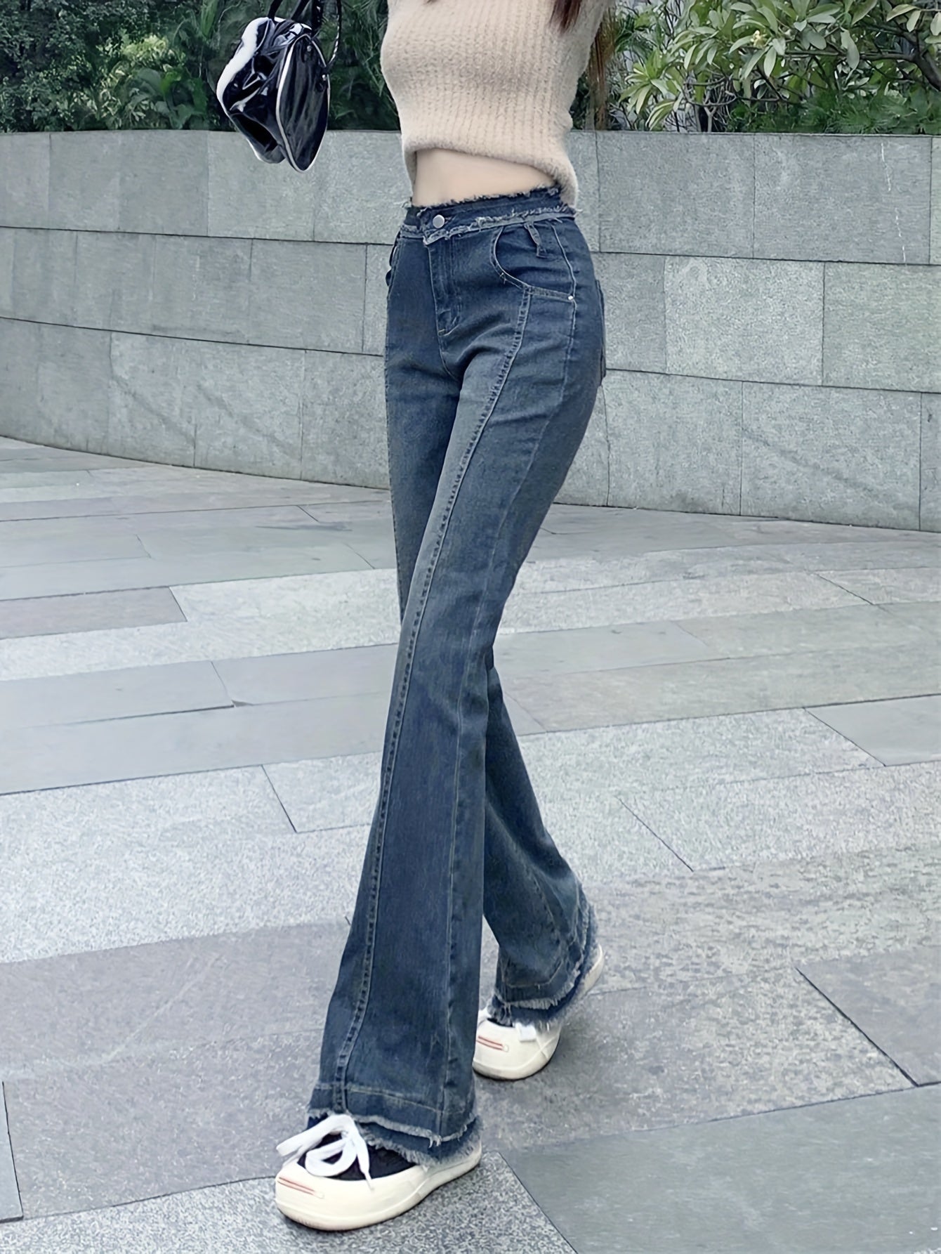 Antmvs Raw Trim Bell Bottom Denim Pants, High Waist Patchwork Stretchy Slim Fitted Flared Jeans, Women's Denim Jeans & Clothing