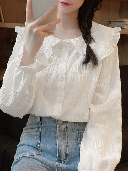 Antmvs Solid Textured Peter Pan Collar Blouse, Sweet Long Sleeve Button Front Blouse For Spring & Fall, Women's Clothing