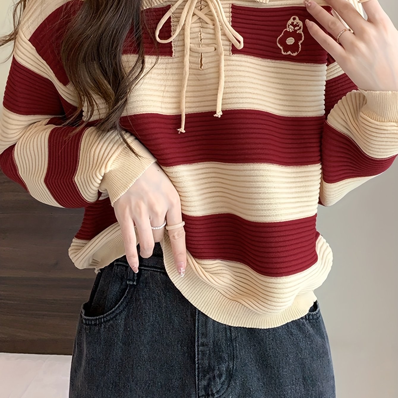 Antmvs Striped Tie Neck Pullover Sweater, Casual Long Sleeve Drop Shoulder Sweater, Women's Clothing