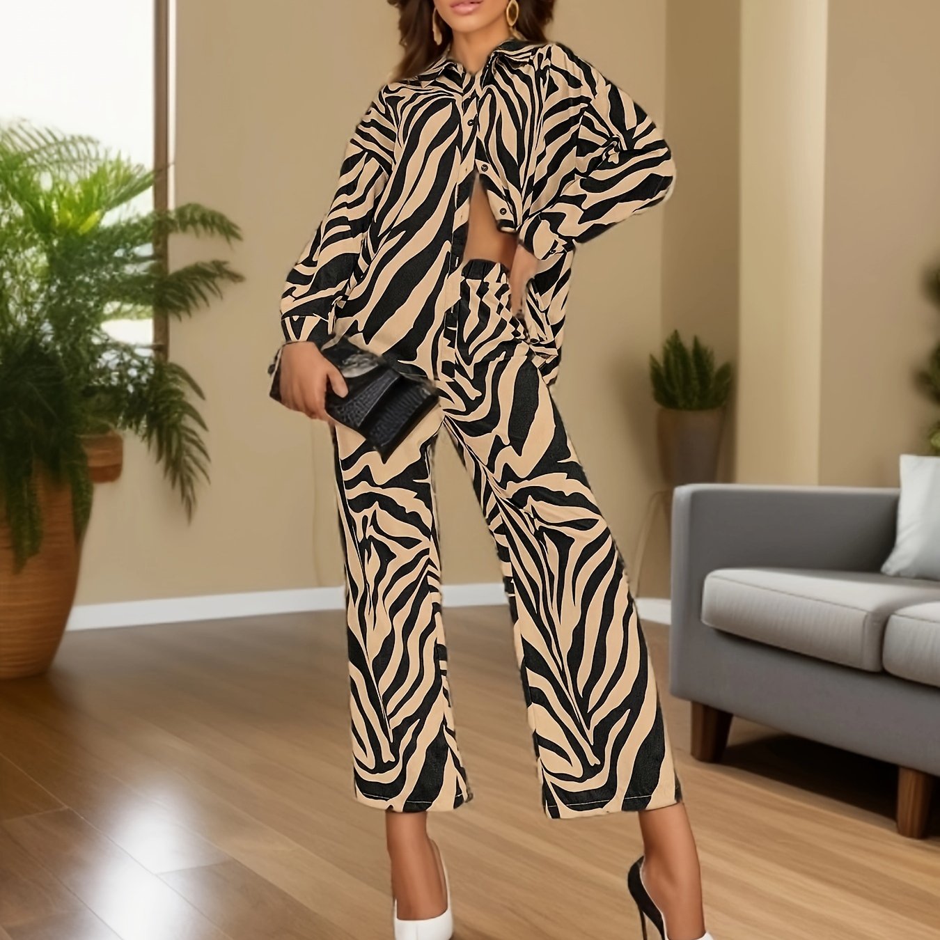 Antmvs Zebra Print Two-piece Set, Elegant Long Sleeve Button Shirt & Wide Leg Pants Outfits, Women's Clothing