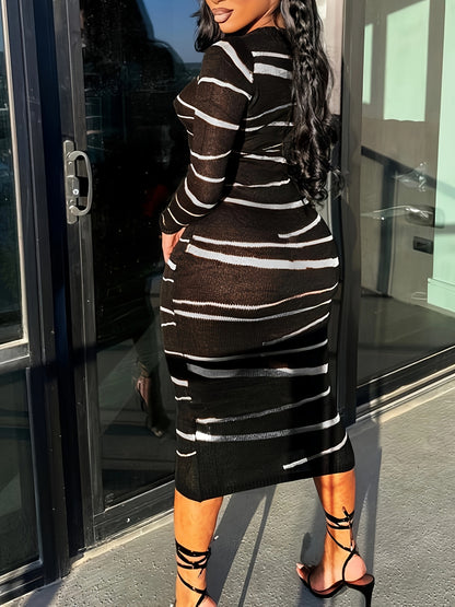 Antmvs Striped Print Bodycon Dress, Elegant Long Sleeve Slim Dress For Spring & Fall, Women's Clothing