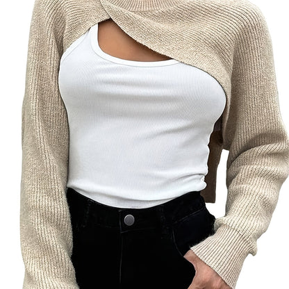 Antmvs Solid Crew Neck Crop Sweater, Versatile Long Sleeve Sweater For Spring & Fall, Women's Clothing