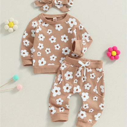 2-Piece Fall Outfit for Baby Girls - Soft Flower Print Long Sleeve Crew Neck Sweatshirt, Casual Pants, and Adorable Bow Headband - Cozy, Comfortable, and Stylish Clothing Set