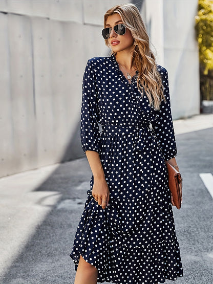 Antmvs Polka Dot Print 3/4 Sleeve Dress, Elegant Wrap Neck Midi Dress, Women's Clothing