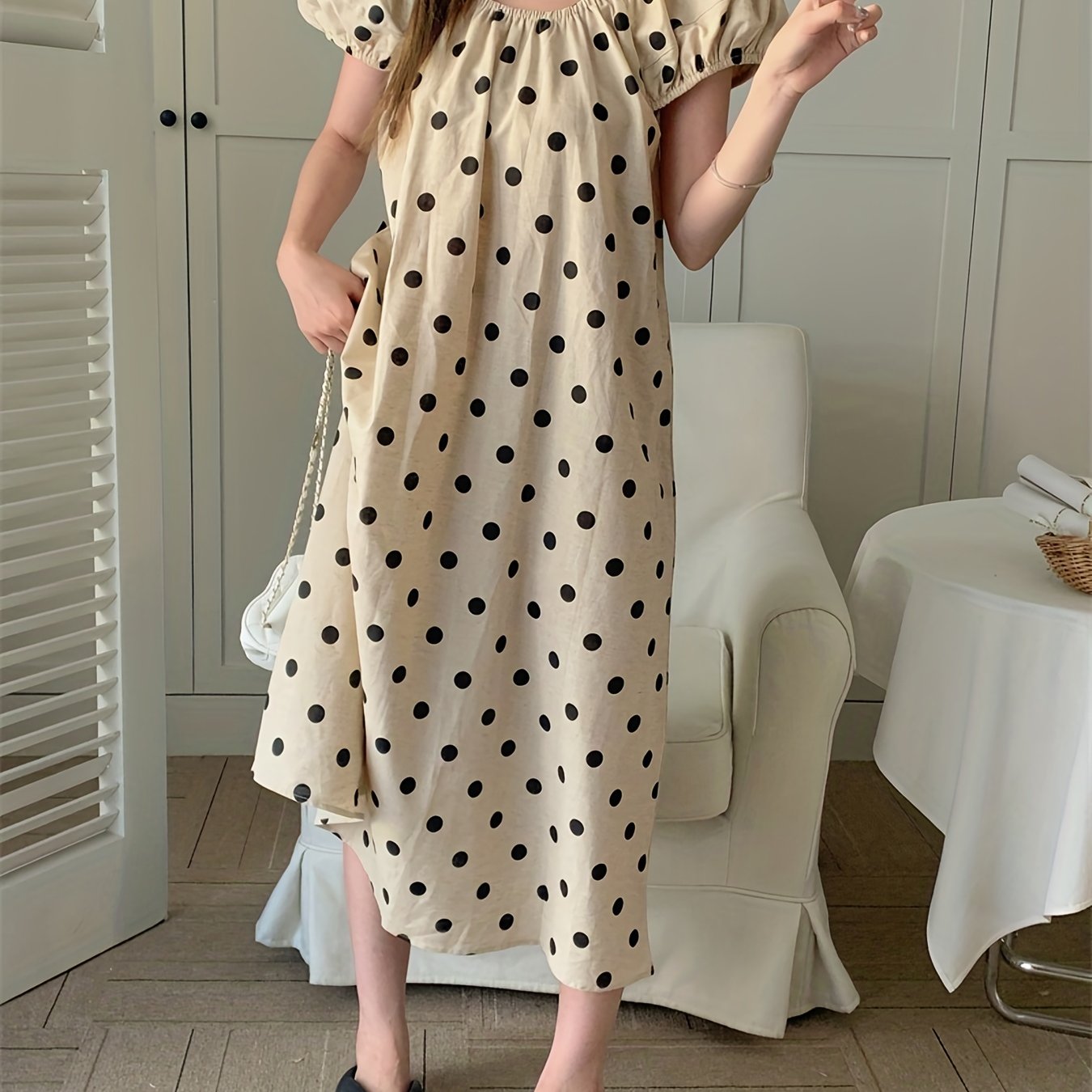 Antmvs Polka Dot Print Dress, Casual Puff Sleeve Midi Dress, Women's Clothing