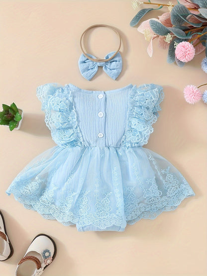 Baby's Lace Flower Embroidered Mesh Muslin Dress, Solid Color Lovely Sleeveless Dress, Infant & Toddler Girl's Clothing For Summer