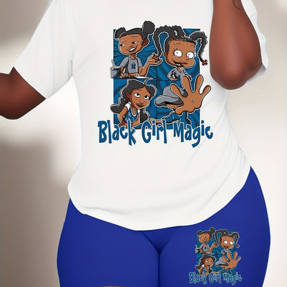 Plus Size Women's 2-Piece Set - Vibrant "Black Girl Magic" Graphic Tee and Matching Blue Shorts - Inspirational Casual Summer Outfit with Relaxed Fit, Breathable Fabric, and Stylish Design for Confident Women