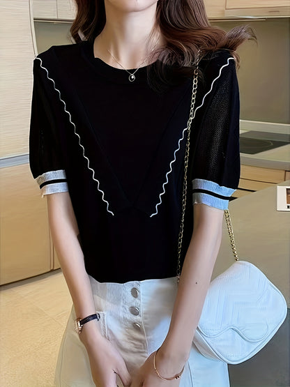 Antmvs Layered Scallop Trim Knit Top, Casual Contrast Trim Short Sleeve Top For Spring & Summer, Women's Clothing