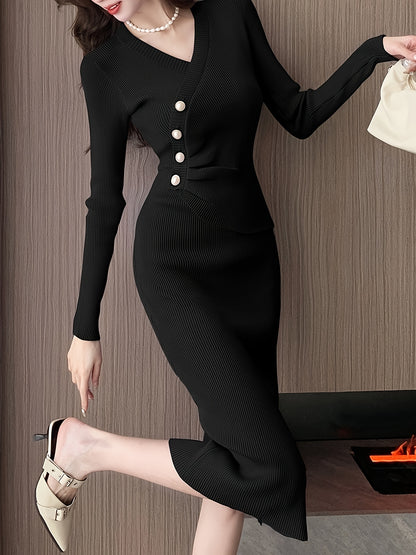 Antmvs Button Front Solid Midi Dress, Elegant V Neck Long Sleeve Dress, Women's Clothing