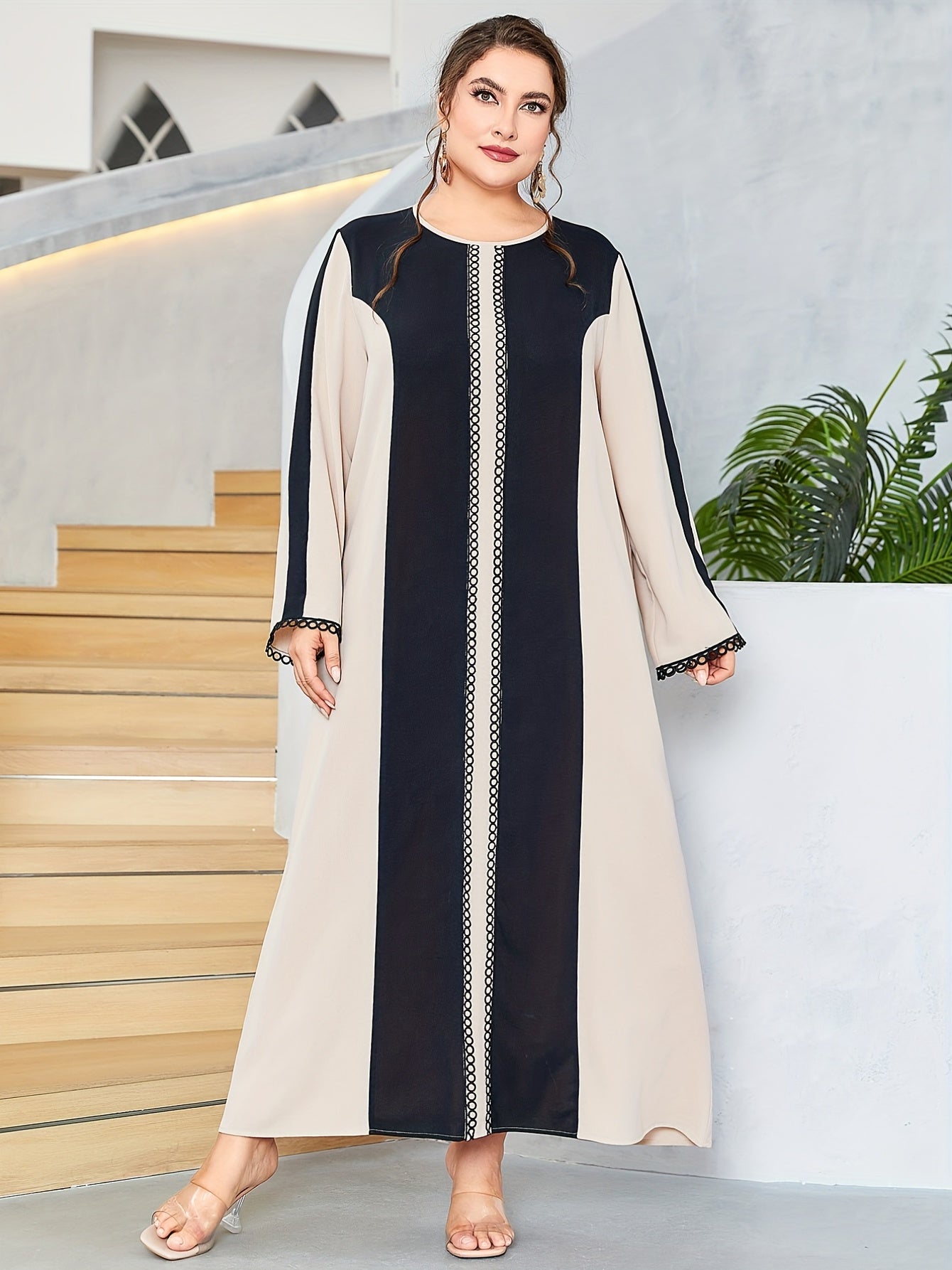 Antmvs Plus Size Casual Dress, Women's Plus Colorblock Long Sleeve Round Neck Maxi Dress