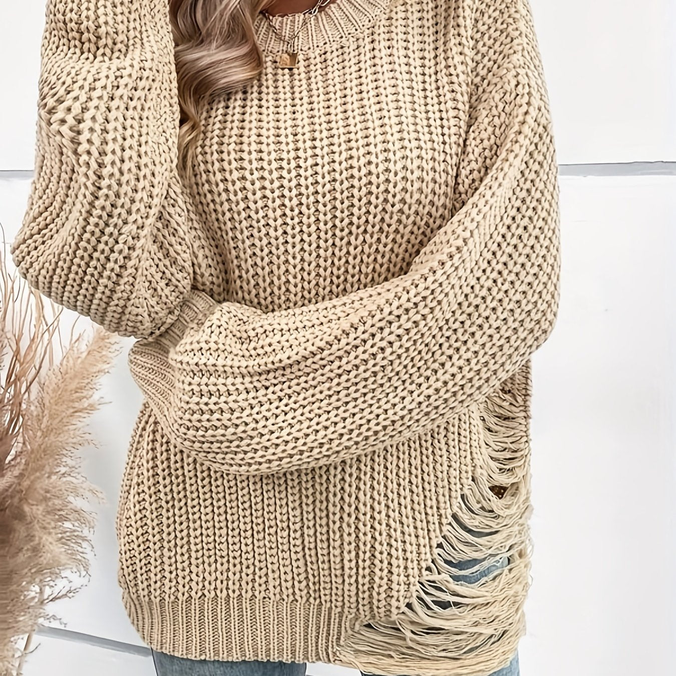 Antmvs Plus Size Casual Sweater, Women's Plus Solid Ripped Long Sleeve Round Neck Jumper