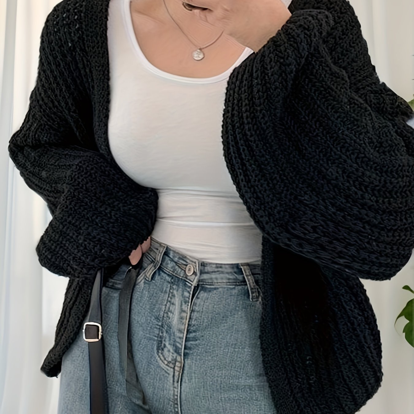 Antmvs Solid Ope Front Chunky Knit Cardigan, Casual Long Sleeve Loose Sweater, Women's Clothing