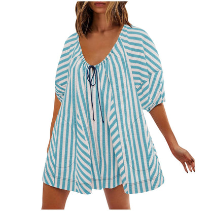 Antmvs -  Womens Striped Romper Casual Loose Puff Sleeve Wide Leg Jumpsuit Overall with Pockets