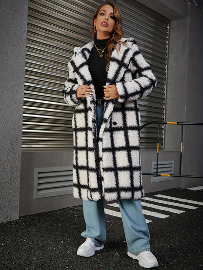 Antmvs Plaid Print Double-breasted Plush Coat, Casual Thermal Long Sleeve Lapel Midi Length Coat For Fall & Winter, Women's Clothing