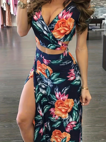 Antmvs Sexy Floral Print Two-piece Skirt Set, Crop Top & Split Skirt Outfits, Women's Clothing
