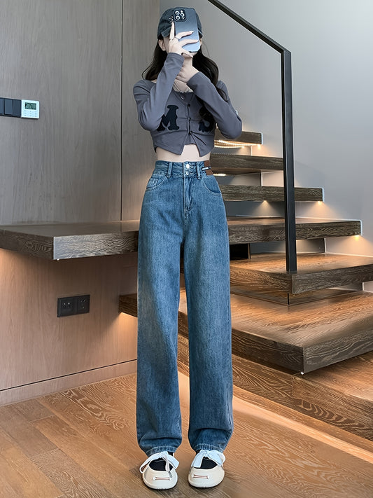 Antmvs Fleece Liner Casual Straight Jeans, Double Button High Waist Loose Fit Denim Pants, Women's Denim Jeans & Clothing