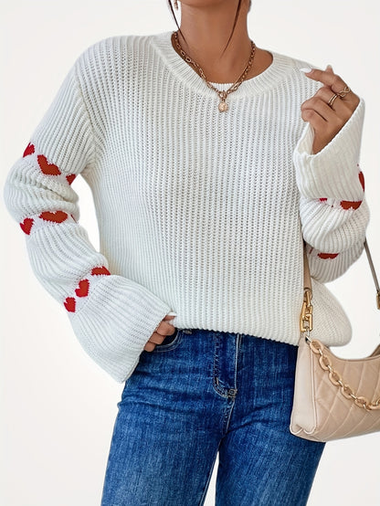 Antmvs Heart Pattern Drop Shoulder Sweater, Casual Long Sleeve Sweater For Fall & Winter, Women's Clothing