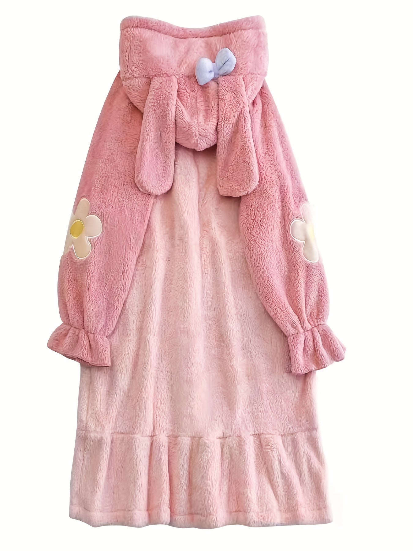 Antmvs Bunny Hooded Fuzzy Night Robe, Cute Long Sleeve Buttons Ruffle Robe With Heart Shaped Pockets, Women's Sleepwear