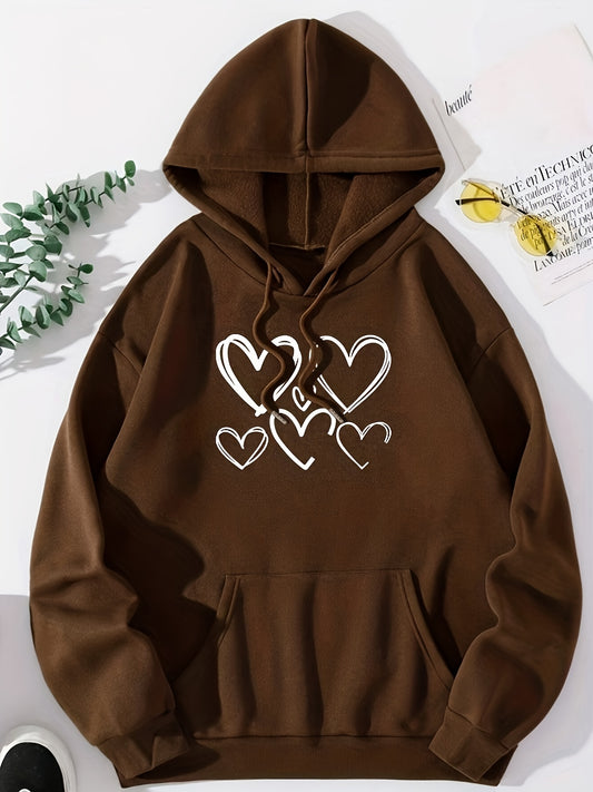 Antmvs Plus Size Casual Sweatshirt, Women's Plus Heart Print Long Sleeve Drawstring Fleece Hoodie With Kangaroo Pocket