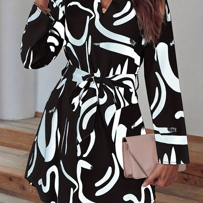 Antmvs Abstract Print V Neck Dress, Casual Long Sleeve Dress, Women's Clothing