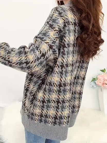 Antmvs Houndstooth Button Down Knit Cardigan, Vintage Long Sleeve Loose Sweater, Women's Clothing